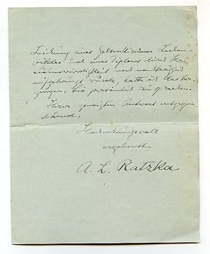 Bild des Verkufers fr Eigenh. Brief mit U. (A. L. Ratzka"). zum Verkauf von Kotte Autographs GmbH