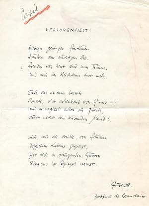 Imagen del vendedor de Verlorenheit". Eigenh. Gedicht (12 Zeilen) mit Initialen und U. a la venta por Kotte Autographs GmbH