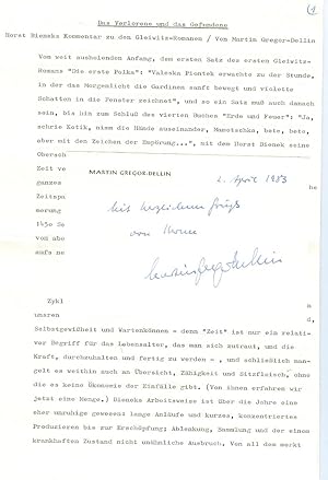 Immagine del venditore per Das Verlorene und das Gefundene. Horst Bieneks Kommentar zu den Gleiwitz-Romanen". Typoskript. venduto da Kotte Autographs GmbH