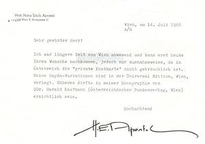 Bild des Verkufers fr Ms. Brief mit eigenh. U. ( H. E. Apostel"). zum Verkauf von Kotte Autographs GmbH