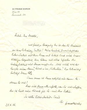 Eigenh Brief Mit U Par Horch Franz Dramaturg Und Schriftsteller 1901 1951 1936 Manuscrit Nbsp Nbsp Papier Nbsp Ancien Kotte Autographs Gmbh