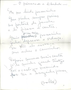 MANUSCRITO - O pássaro e a liberdade. (Poema)