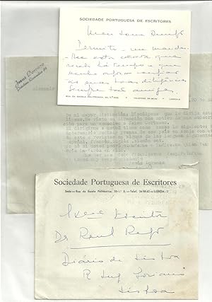 MANUSCRITO: Cartão timbrado com envelope da Sociedade Portuguesa de Escritores. Acompanhado de ca...