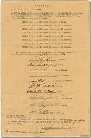 Affidavit of records set by Harry R. Gunn during The Great American Foot Race in 1928