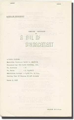 Imagen del vendedor de A Bill of Divorcement (Original post-production script for the 1957 re-release of the 1932 film) a la venta por Royal Books, Inc., ABAA