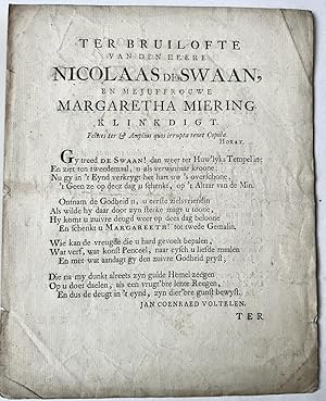 [Occasional poem, ca 1750] Ter bruilofte van den heere Nicolaas De Swaan en mejuffrouwe Margareth...