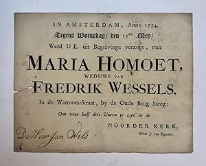 [Printed invitation card HOMOET, WESSELS, WILS] Uitnodiging voor bijwoning van de begrafenis van ...