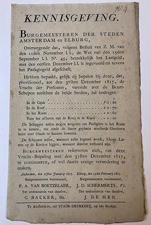 [PRINTED PUBLICATION, 1817, ELBURG, BEURTVAART NAAR AMSTERDAM]`Kennisgeving' d.d. Amsterdam 27 ja...