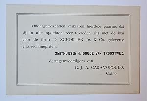 [PRINTED MARKETING CARD, SCHOUTEN, GLASRECLAMEPLATEN] Gedrukte (reclame-) kaartje, waarbij Smithu...