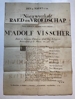 ROTTERDAM, ADOLF VISSCHER Gecalligrafeerd gelegenheidsvers, plano: "Den 9 Maert 1739. Nieuw verko...