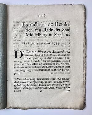 [Printed publication 1753, midwife] 'Extract uit de resolutien ten Rade der stad Middelburg in Ze...