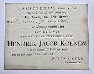 [Printed funeral card, 1808] Uitnodiging tot bijwoning van de begrafenis van Hendrik Jacob Koenen...