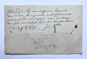 [Manuscript, poem, 1689] Versje van 4 regels, d.d. 4-7-1689, signed with the monogram F.G.B.