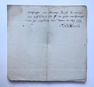 [Manuscript, receipt, 1689] Kwitantie voor Harmen Jacobs, d.d. 27-5-1689, getekend W. van Haren. ...