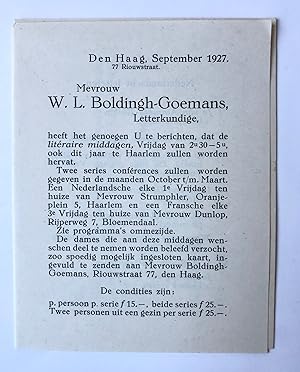 [Literary society, 1927] Aankondiging van mevr. W.L. Bolding-Goemans, d.d. Gravenhage 1927, betr....