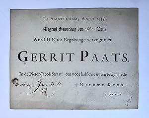 [Printed publication, funeral, 1753] Invitation for the funeral of Gerrit Paats. Nieuwe Kerk Amst...