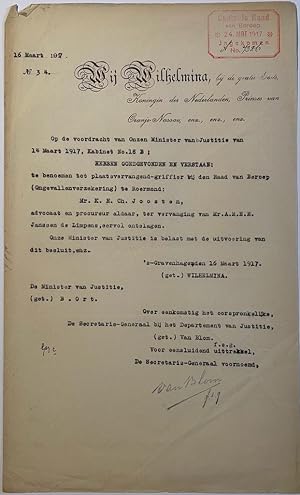 Public government 1917 | Benoeming tot griffier Raad van beroep te Roermond van mr. K.H.Ch. Joost...
