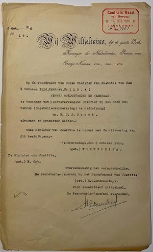 Public government 1916 | Benoeming van mr. H.C.J. Groot tot griffier Raad van beroep te Middelbur...