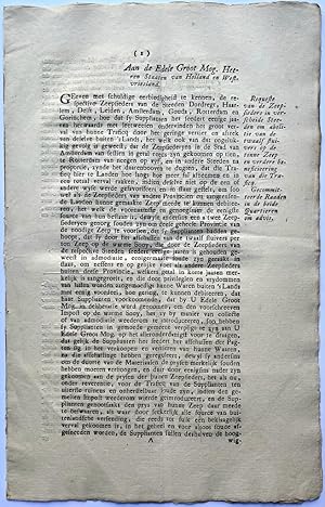 [Printed document 1749] Request aan Staten van Holland d.d. 1-7-1749 van zeepzieders om belasting...