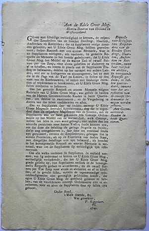 Printed document soap 1749 | Request 1749 van zeepzieders van Dordrecht, Haarlem, Amsterdam en Ro...