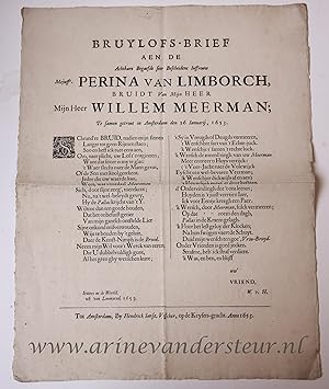 Bruylofs-brief aen de achtbare . Perina Van limborch, bruidt van mijn heer . Willem Meerman, te s...