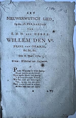 Poem 1784 | Een nieuwerwetsch lied op den 36e verjaardag van Z.D.H. Willem den V e, prins van Ora...