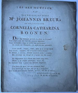 Poem 1784 | Op het huwelijk van . Mr. Johannes Breur en . Cornelia Catharina Boonen [gehuwd 20 ju...