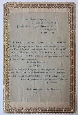 [Printed letter 1879, Amsterdam, Blindeninstituut] `Aan hunne majesteiten den koning en de koning...