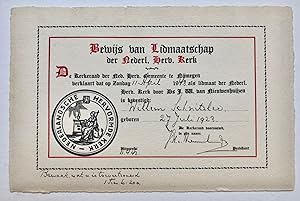 [Proof of membership, Hervormde Kerk, Schnitzler] Bewijs van lidmaatschap der Nederlands-Hervormd...