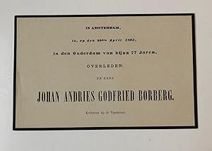 BORBERG Overlijdensbericht van Johan Andries Godfried Borberg, 77 jaar, d.d. Amsterdam 1863. Gedr...