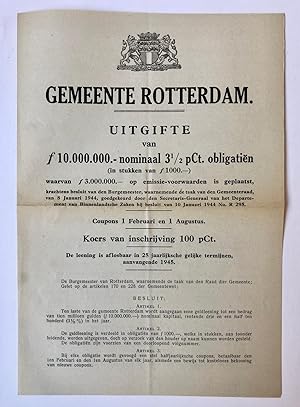 [Bond loan, Rotterdam, 1944] Prospectus van een 3,5% obligatielening gemeente Rotterdam, besluit ...
