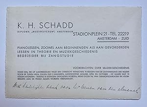 [Printed business card, Music, Muziek] Reclamekaart van K.H. Schadd, pianoleraar, Amsterdam, ca. ...