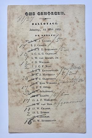 [Amsterdam, "Ons Genoegen", Ballotage, 1853] Gedrukt ballotage-biljet van societeit 'Ons Genoegen...