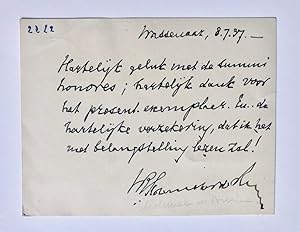 [Manuscript 1937] Kaartschrijven van minister Slotemaker de Bruine, dd. Wassenaar 1937.