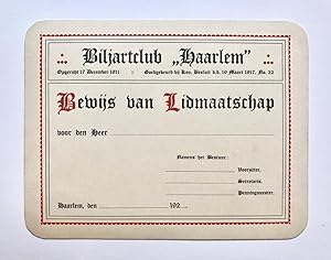 [Paper art, 1911] Oningevuld bewijs van lidmaatschap van de biljartclub 'Haarlem', opgericht 17-1...