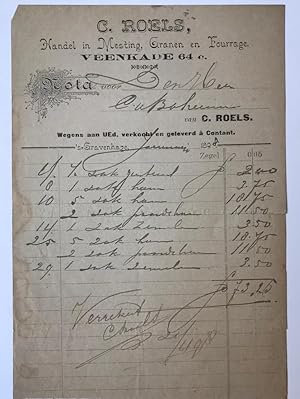 [Receipt, rekening, 1898] Nota van C. Roels, mestinghandel te 's-Gravenhage, 1898.