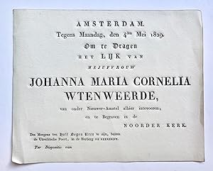 [Printed funeral card 1829] Uitnodiging voor de begrafenis van mej. Johanna Maria Cornelia Wtenwe...