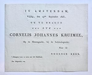 [Printed funeral card, 1823] Uitnodiging voor de begrafenis van Cornelis Johannes Kruimel, op de ...