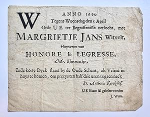 [Printed funeral card, 1690] Uitnodiging voor de begrafenis van Margrietje Jans Witvelt, huisvrou...