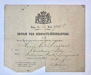 [Birth Certificate 1873] Bewijs van geboorteinschrijving Amsterdam, 1873, van Henri L.C., zoon va...