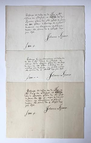 [Manuscript, 1703] Three receipts (kwitanties) of ds. Johannes Kramer for Franco van Bleyswijk as...