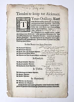 [Printed publication with handwritten additions, 1663] Notice (aanplakbiljet) 'Tienden te koop to...