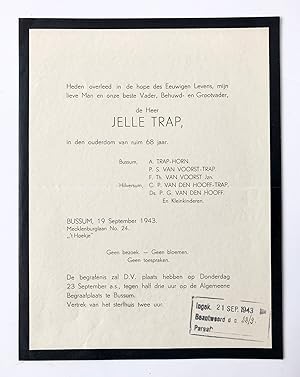 [Printed death announcement 1943] Printed death announcement for Jelle Trap and thank you note, 2...