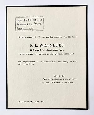 [Printed death announcement 1943] Printed death announcement for P.L. Wennekes. Oosterbeek, 1943,...