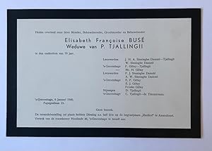 [Printed funeral card 1940] Gedrukte overlijdenskaart voor Elisabeth F. Tjallingii-Buse. 's-Grave...