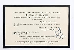 [Printed death announcement 1949] Printed death announcement for G. Hamer. Amsterdam, 1949, 1 p.