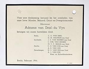 [Printed death announcement 1944] Printed death announcement for A. van Driel-du Vyn. Breda, 1944...