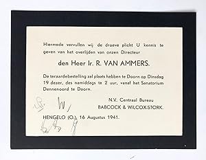[Printed death announcement 1941] Printed death announcement for ir. R. van Ammers. Hengelo, 1941...