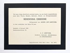 [Printed death announcement 1940] Printed death announcement for Berendina Ebbekink, wife of A.J....