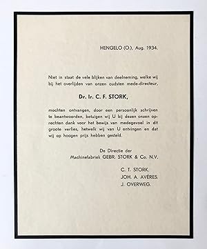 [Printed death announcement 1934] Printed death announcement for dr. ir. C.F. Stork. Hengelo, 193...